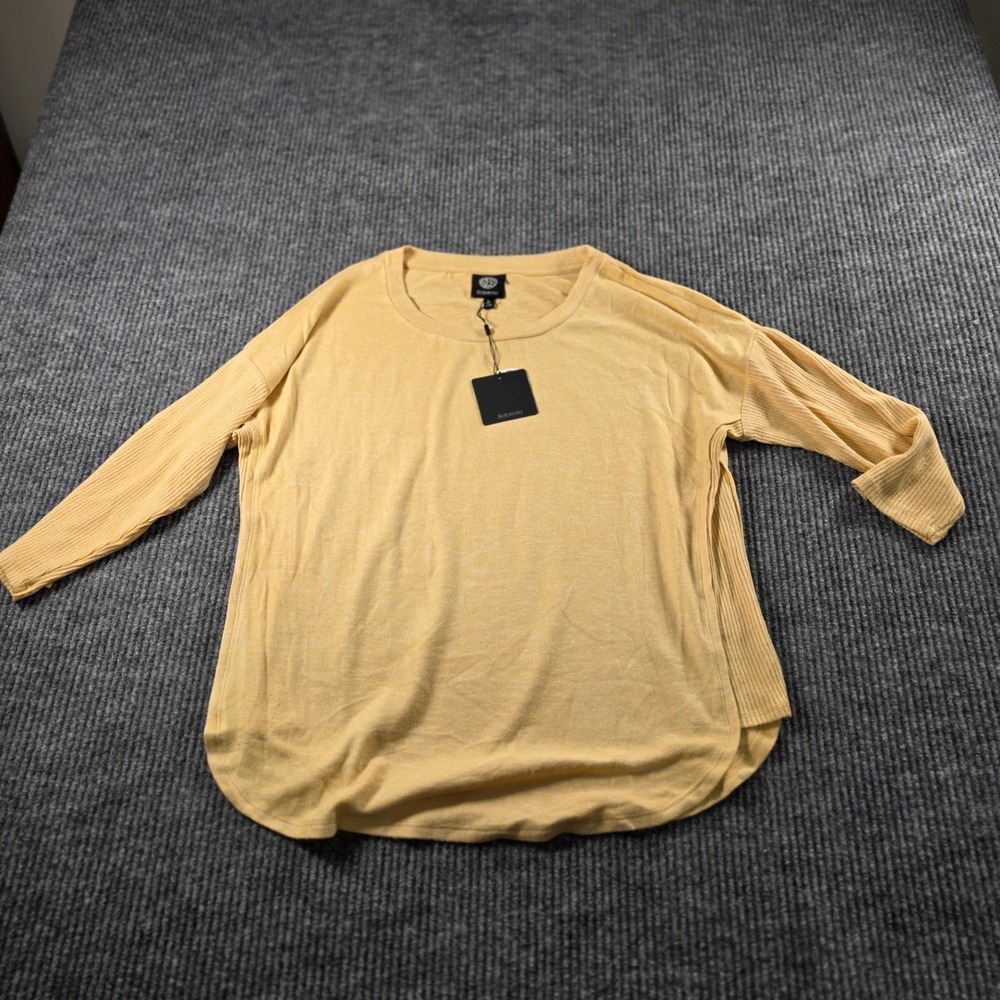 Bobeau Womens Mustard Yellow Ribbed Contrast Long Sleeve Top Large NEW